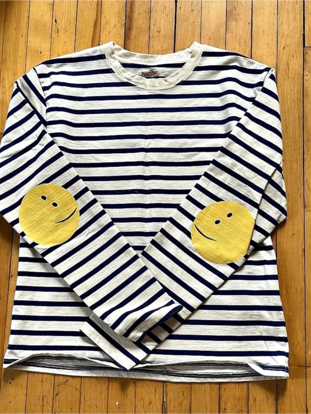 Kapital Striped Smiley Elbow Patch Long Sleeve Tee White & Blue Large